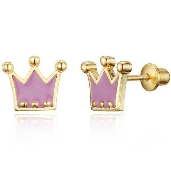 14k Gold Plated Enamel Princess Crown Earrings - Picture 1 of 11